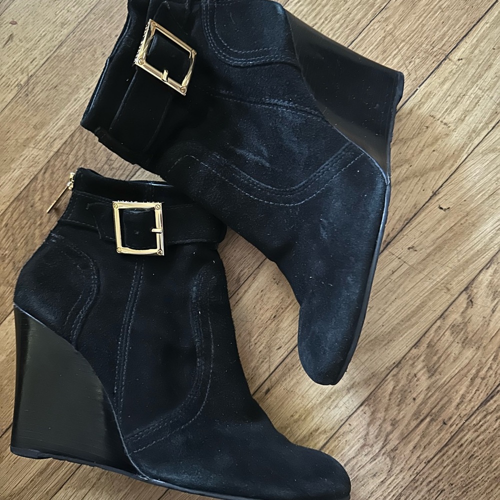 Tory Burch Black Suede Wedges with Gold Buckle